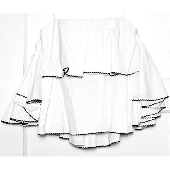 CAROLINE CONSTAS Off Shoulder Tier Ruffle Short Sleeve Strapless Bustier Top XS - Picture 2 of 5